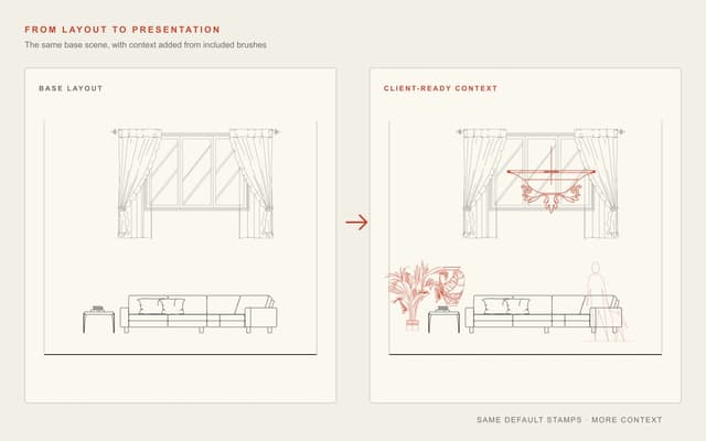 The same interior elevation before and after included plant, lighting, person, and decor brush stamps are added