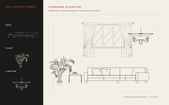 Included sofa, plant, lighting, and window brush stamps arranged into a furnished interior elevation