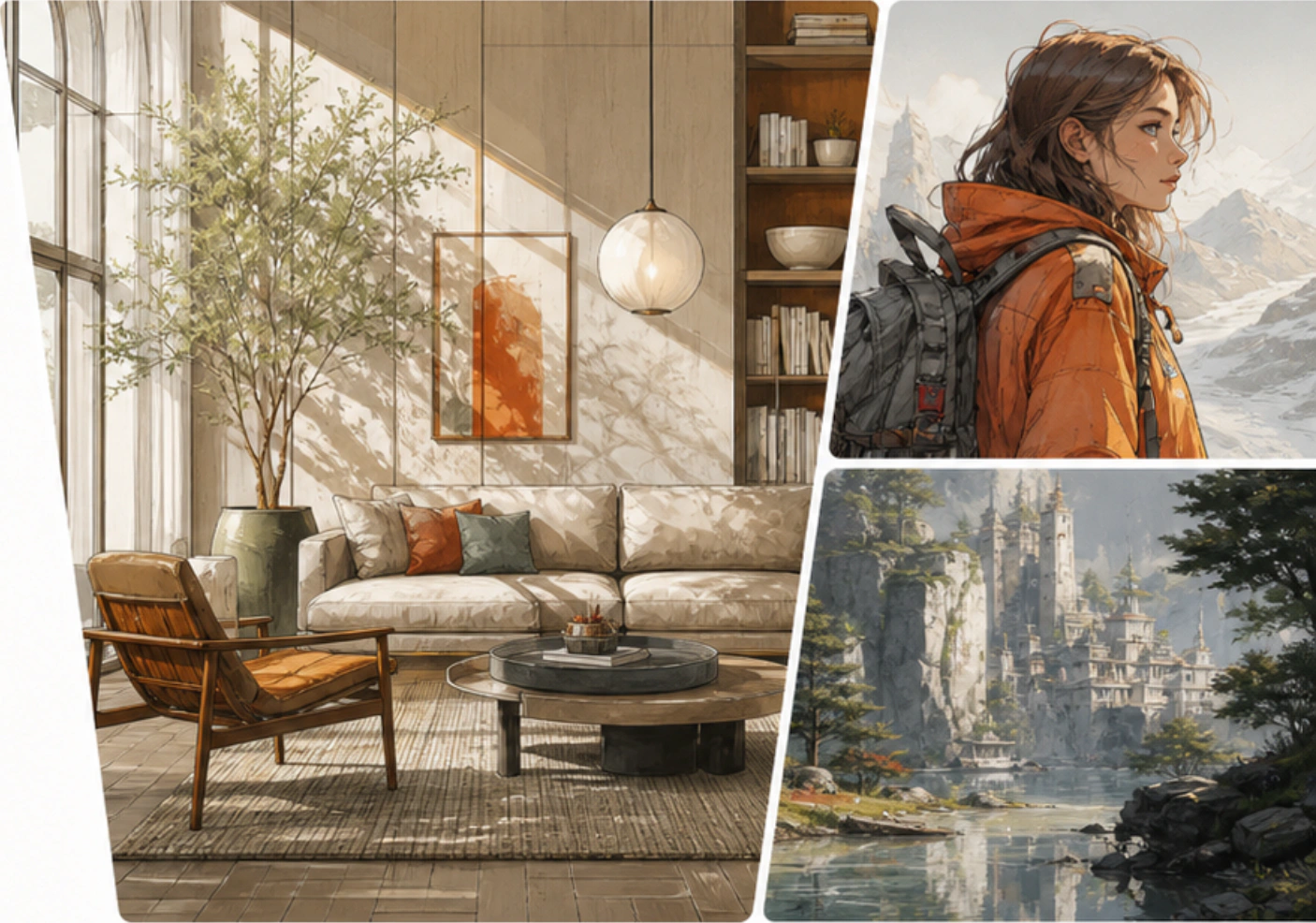 Promotional collage showing interior design, anime character illustration, and fantasy environment art